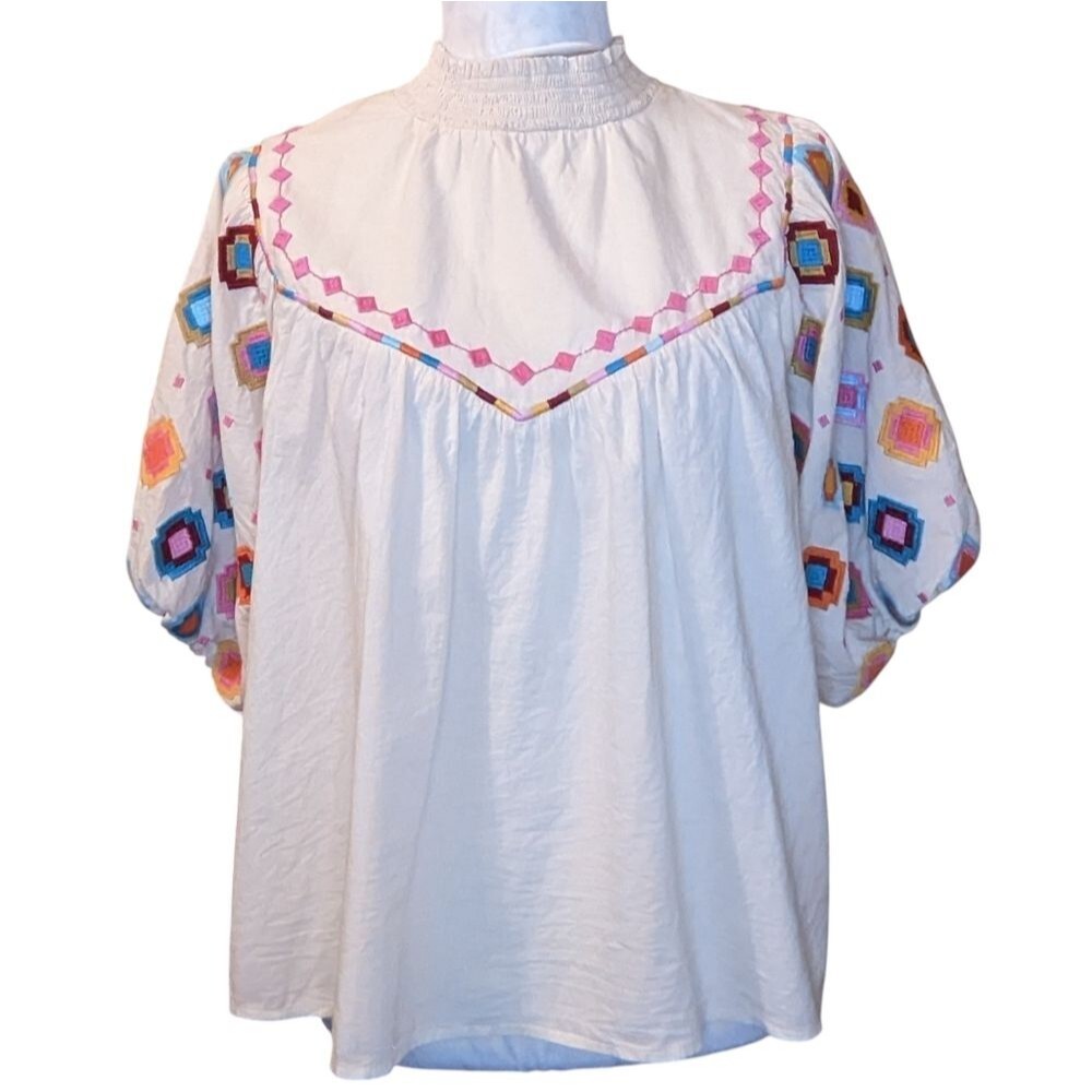 Boho Aztec Southwest Embroidered Women's Top Multicolor Medium